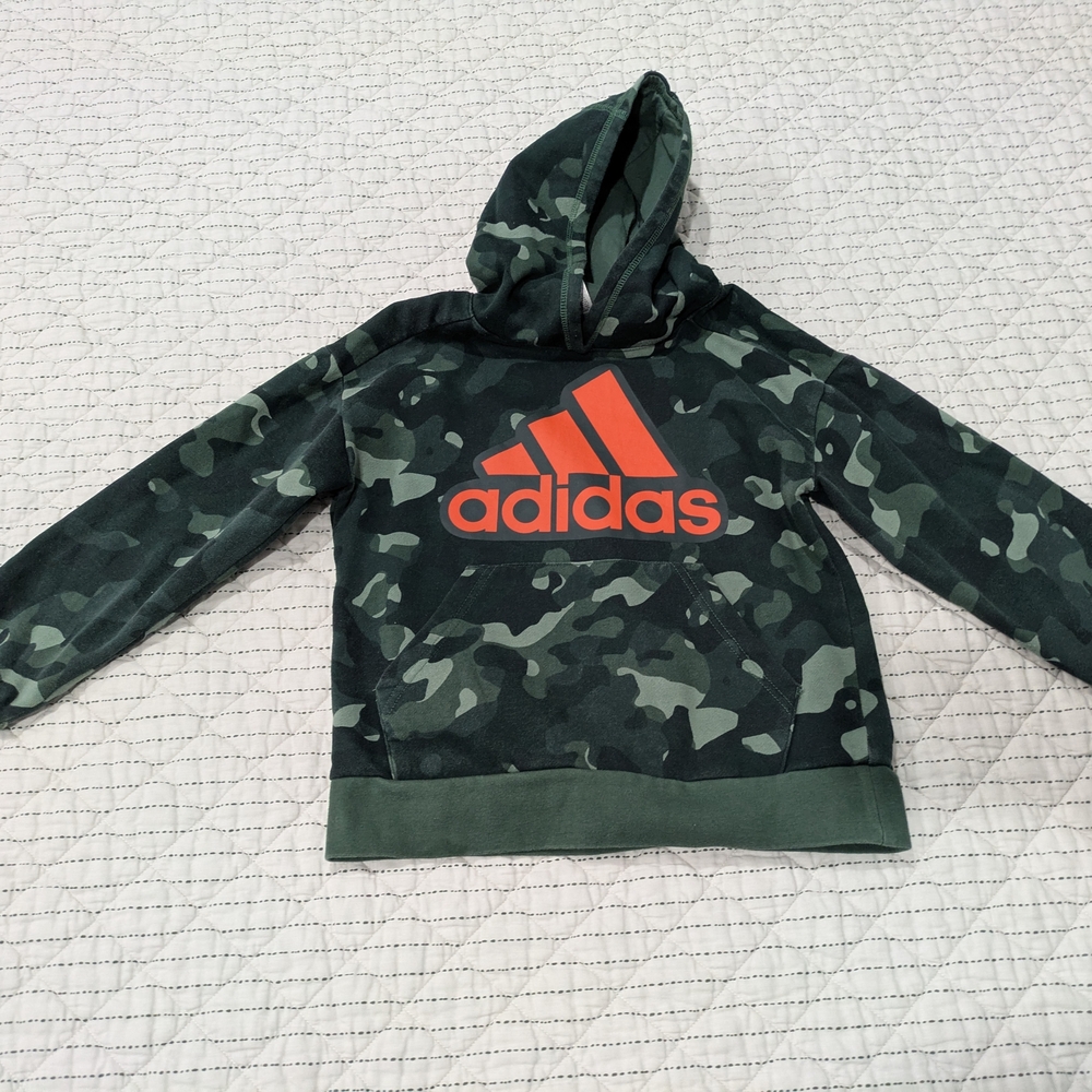 Adidas Kids Green Camo Hoodie with Orange Logo